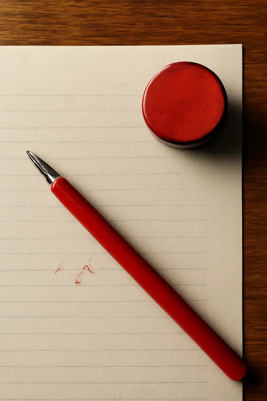 A desk detail — document, stamp and pen — carrying the same motif as the process page.