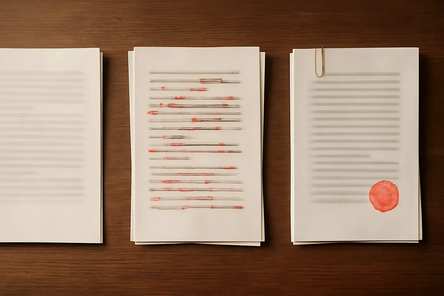 An editorial photograph of a document mid-review on a desk, representing the four-stage translation process.